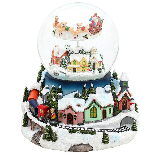 Снежный шар музыкальный Упряжка Санты над зимним городом 20 см, динамика, батарейка уцененный Sigro
