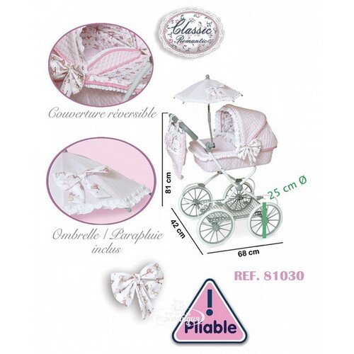 Коляска для куклы Романтик с сумочкой и зонтиком, 81 см, нежно-розовая, уцененный Decuevas Toys