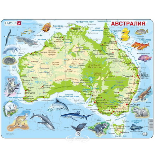 Пазл Карты и Континенты - Австралия с животными, 65 элементов, 36*28 см LARSEN