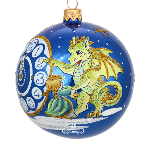Стеклянный елочный шар Зодиак - Дракон с часами 9 см синий Фабрика Елочка