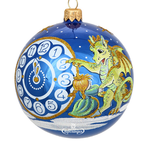 Стеклянный елочный шар Зодиак - Дракон с часами 9 см синий Фабрика Елочка