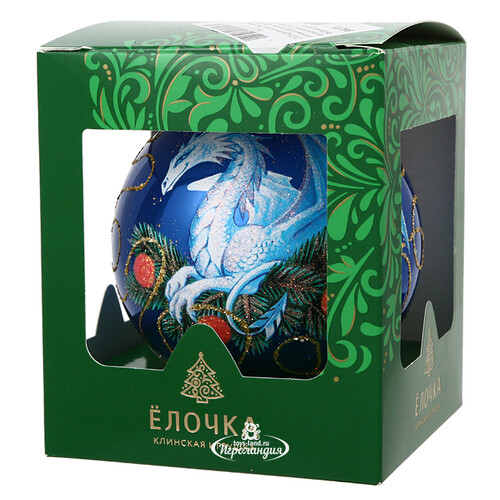Стеклянный елочный шар Зодиак - Дракон на еловой ветке 9 см синий Фабрика Елочка