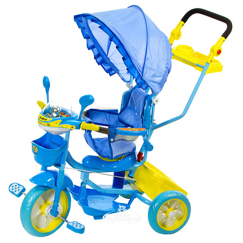 Трехколесный велосипед Мультяшка - Мишка с ручкой, тентом и амортизатором, синий Мультяшка