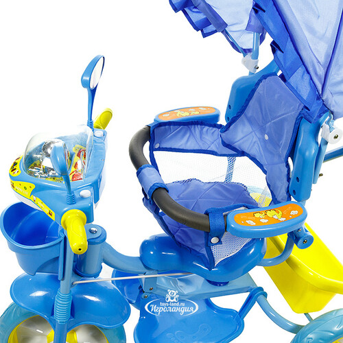Трехколесный велосипед Мультяшка - Мишка с ручкой, тентом и амортизатором, синий Мультяшка