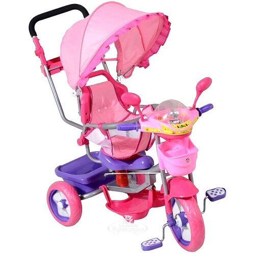 Трехколесный велосипед "Мультяшка - Мишка" с ручкой, тентом и амортизатором, розовый Мультяшка