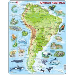 Пазл Карты и Континенты - Южная Америка с животными, 65 элементов, 36*28 см LARSEN фото 1
