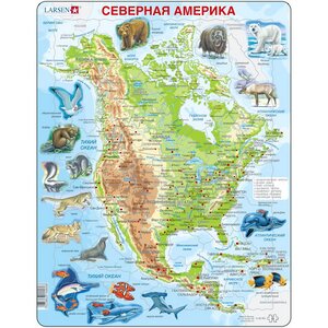 Пазл Карты и Континенты - Северная Америка с животными, 66 элементов, 36*28 см LARSEN фото 1