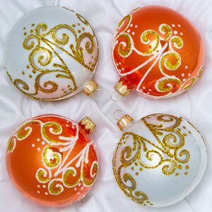 Набор стеклянных елочных шаров Позитив 8 см, 4 шт белый с оранжевым Фабрика Елочка фото 1
