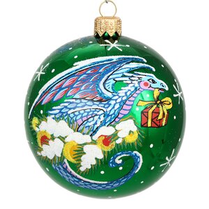 Стеклянный елочный шар Зодиак - Дракон с подарком 8 см зеленый Фабрика Елочка фото 1