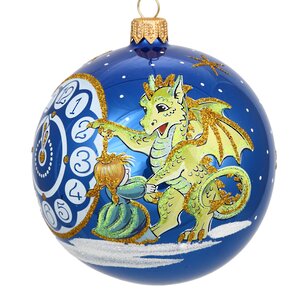 Стеклянный елочный шар Зодиак - Дракон с часами 9 см синий Фабрика Елочка фото 2
