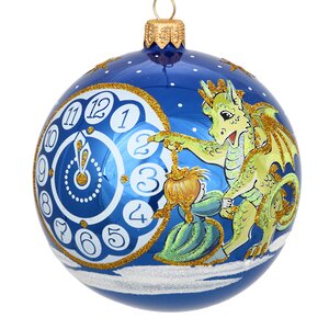 Стеклянный елочный шар Зодиак - Дракон с часами 9 см синий