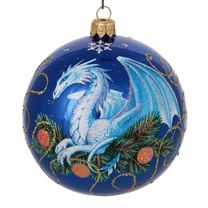 Стеклянный елочный шар Зодиак - Дракон на еловой ветке 9 см синий Фабрика Елочка фото 1