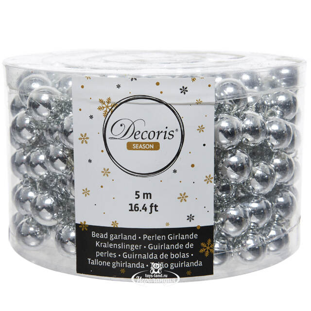 Бусы на елку Горошек XL 14 мм*5 м серебряные, пластиковые Kaemingk