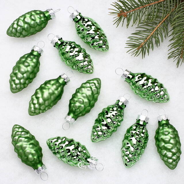 Набор стеклянных елочных игрушек Шишки 6 см луговой зеленый mix, 12 шт Kaemingk (Кейминг)