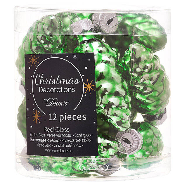 Набор стеклянных елочных игрушек Шишки 6 см луговой зеленый mix, 12 шт Kaemingk (Кейминг)