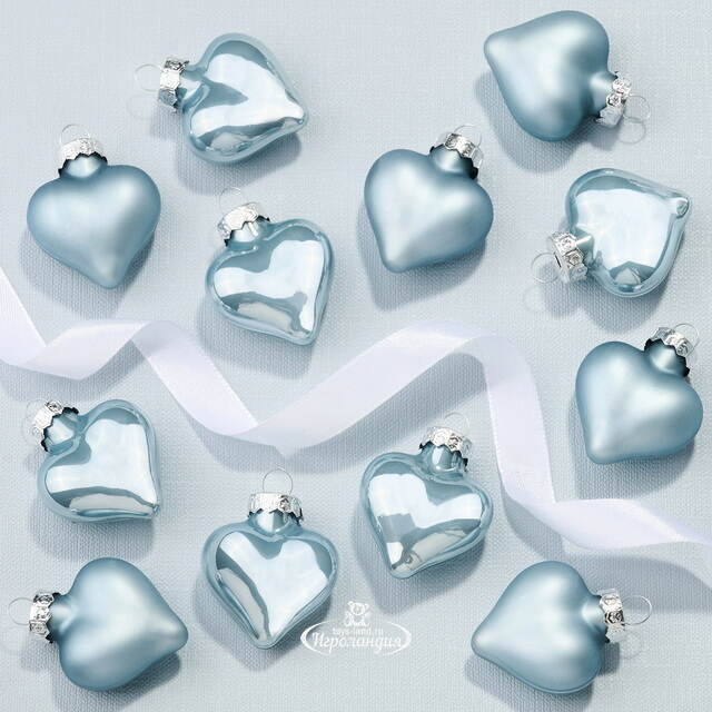 Набор стеклянных елочных игрушек Сердце Монплезира 4.5 см misty blue mix, 12 шт Kaemingk