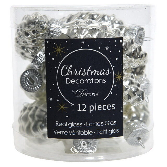 Набор стеклянных елочных игрушек Шишки 6 см серебряный mix, 12 шт Winter Deco
