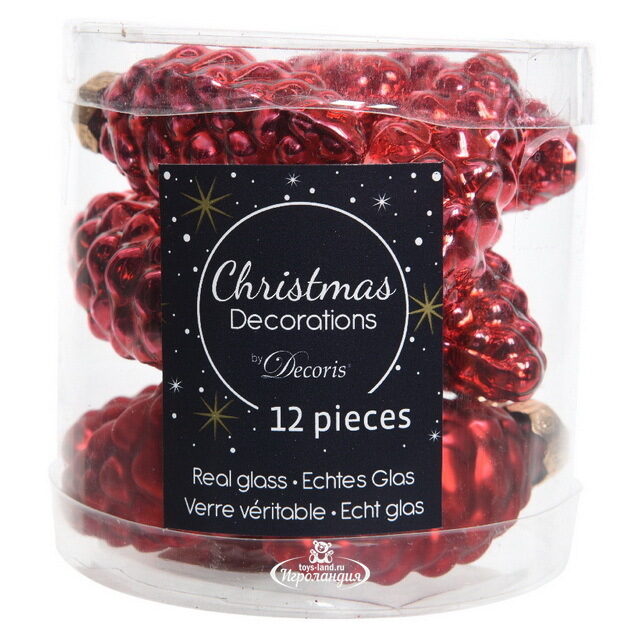 Набор стеклянных елочных игрушек Шишки 6 см красный mix, 12 шт Winter Deco