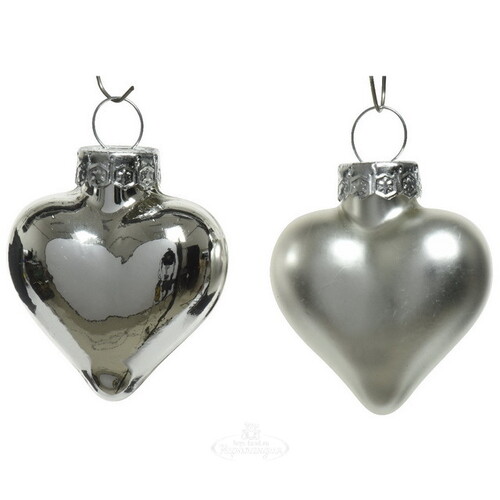 Набор стеклянных елочных игрушек Сердце Монплезира 4.5 см серебряный mix, 12 шт, подвеска Kaemingk