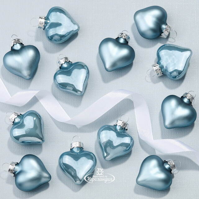 Набор стеклянных елочных игрушек Сердце Монплезира 4.5 см голубой туман mix, 12 шт Kaemingk