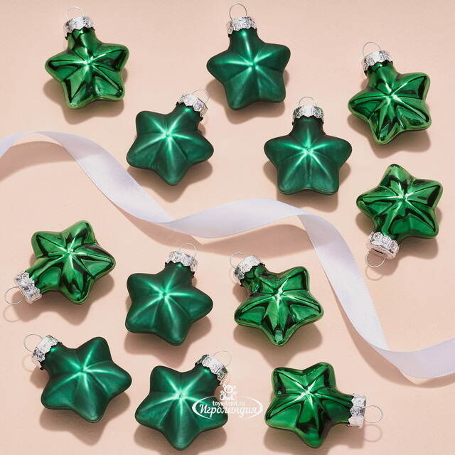 Набор стеклянных елочных игрушек Звезды 4.5 см рождественский зеленый mix, 12 шт Kaemingk