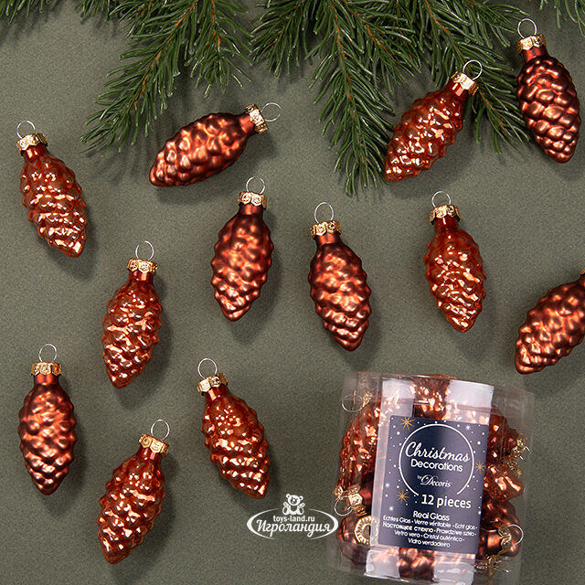 Набор стеклянных елочных игрушек Шишки 6 см terra brown mix, 12 шт, подвеска Kaemingk