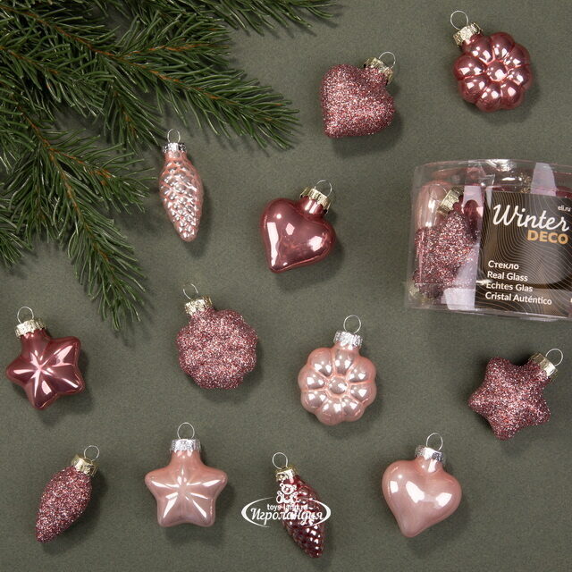 Набор стеклянных елочных игрушек Розовые Облака, 12 шт, подвеска Winter Deco