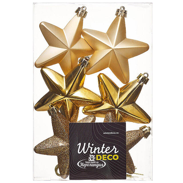 Елочные игрушки Золотые Звезды 8 см, 6 шт, подвеска, пластик Winter Deco