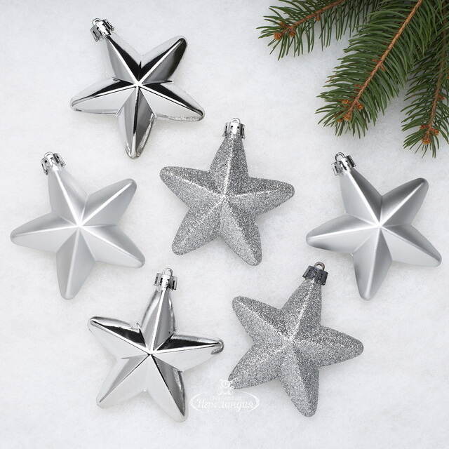 Елочные игрушки Серебряные Звезды 8 см, 6 шт, подвеска, пластик Winter Deco