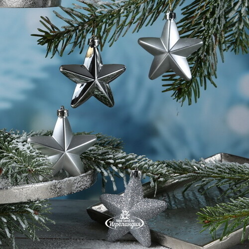 Набор елочных игрушек Серебряные Звезды 8 см, 6 шт, подвеска Kaemingk/Winter Deco