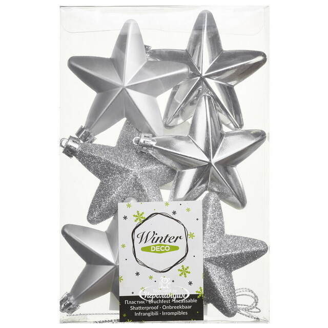 Елочные игрушки Серебряные Звезды 8 см, 6 шт, подвеска, пластик Winter Deco