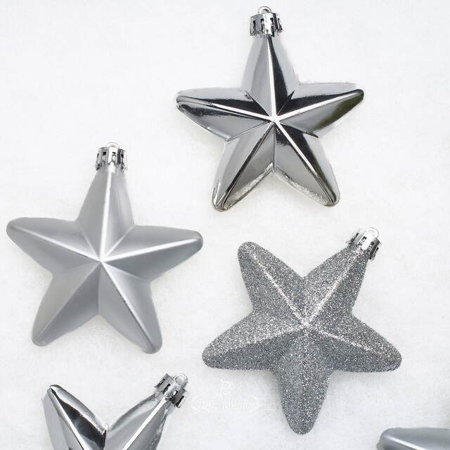 Елочные игрушки Серебряные Звезды 8 см, 6 шт, подвеска, пластик Winter Deco