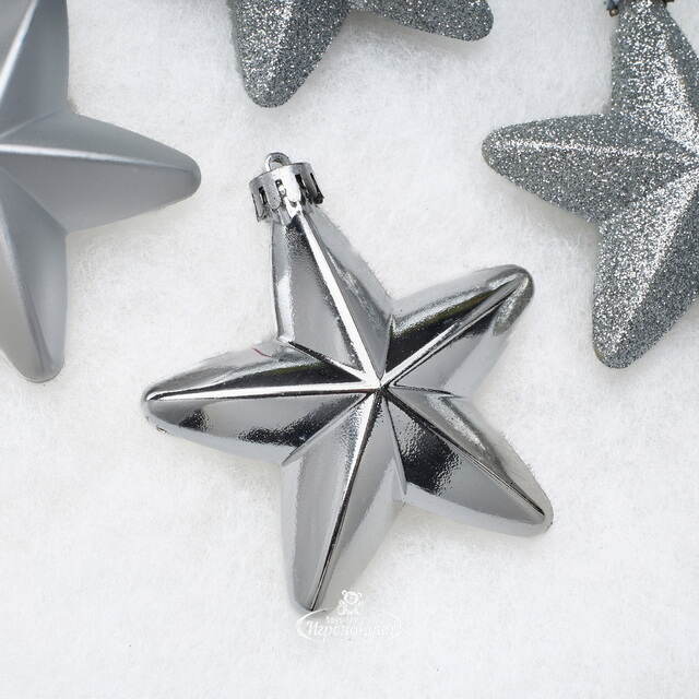 Елочные игрушки Серебряные Звезды 8 см, 6 шт, подвеска, пластик Winter Deco