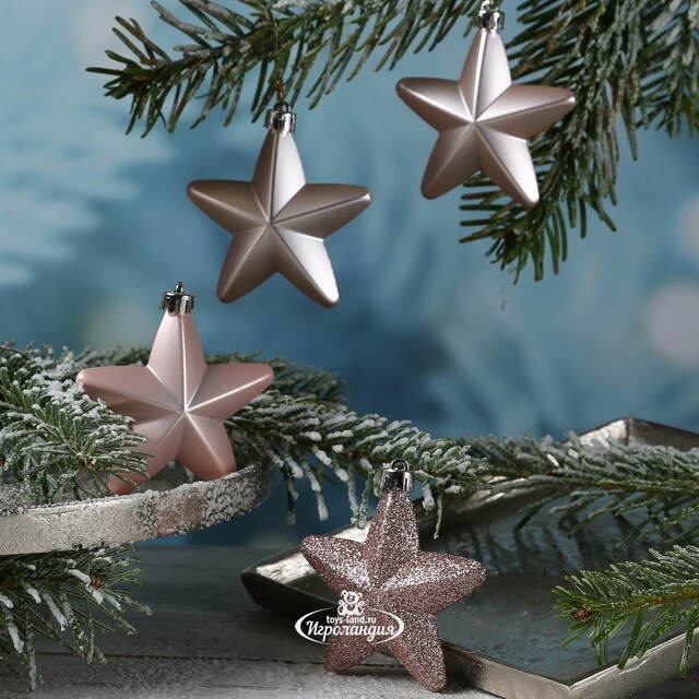 Набор елочных игрушек Звезды 8 см розовый бутон, 6 шт, подвеска Winter Deco
