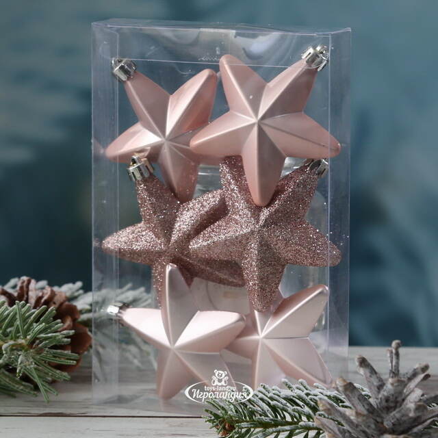 Набор елочных игрушек Звезды 8 см розовый бутон, 6 шт, подвеска Winter Deco