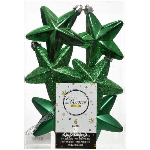 Набор елочных игрушек Звезды 8 см рождественский зеленый, 6 шт, подвеска Kaemingk