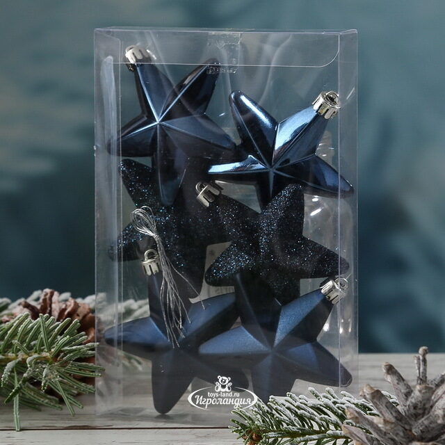 Набор елочных игрушек Звезды 8 см синий королевский, 6 шт, подвеска Winter Deco