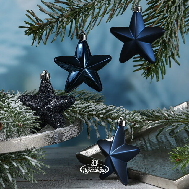 Набор елочных игрушек Звезды 8 см синий королевский, 6 шт, подвеска Winter Deco