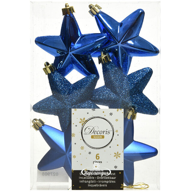 Набор елочных игрушек Звезды 8 см синий королевский, 6 шт, подвеска Winter Deco
