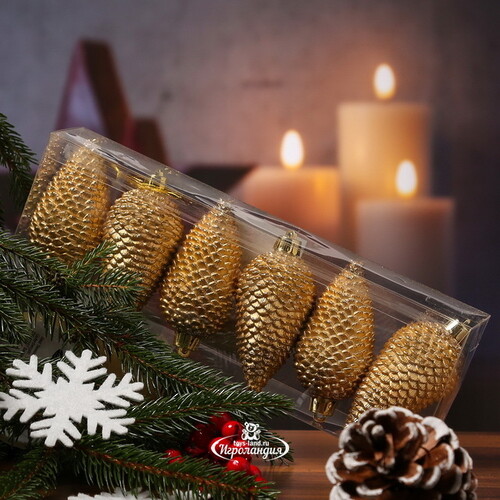 Елочная игрушка Шишка Alto - Золотая 8 см, 6 шт, пластик, подвеска Winter Deco