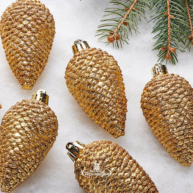 Елочная игрушка Шишка Alto - Золотая 8 см, 6 шт, пластик Winter Deco