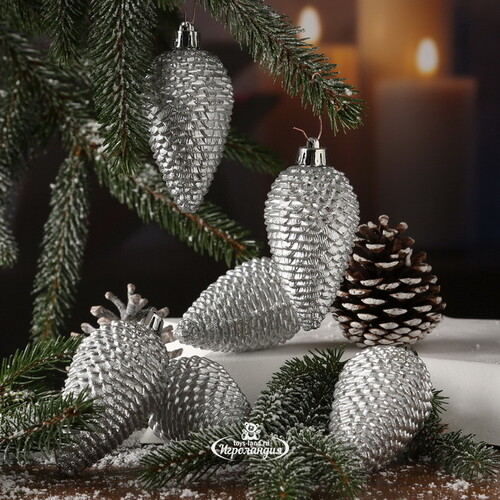 Елочная игрушка Шишка Alto - Серебряная 8 см, 6 шт, пластик, подвеска Winter Deco