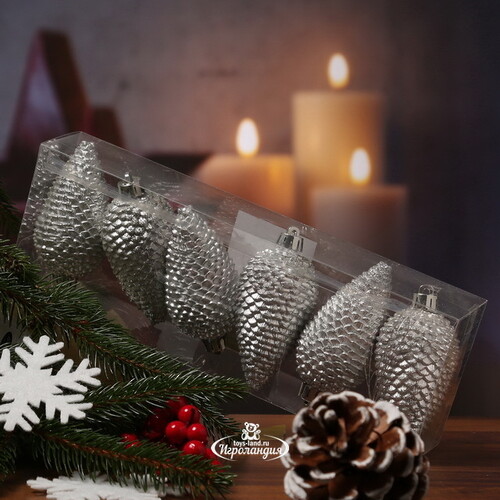Елочная игрушка Шишка Alto - Серебряная 8 см, 6 шт, пластик, подвеска Winter Deco