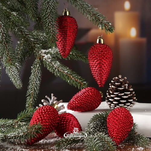 Елочная игрушка Шишка Alto - Красный 8 см, 6 шт, пластик, подвеска Winter Deco
