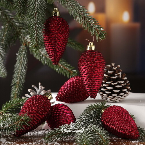 Елочная игрушка Шишка Alto - Бордовая 8 см, 6 шт, пластик, подвеска Winter Deco