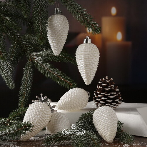 Елочная игрушка Шишка Alto - Морозный белый 8 см, 6 шт, пластик Winter Deco