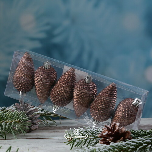 Елочная игрушка Шишка Alto - Горький Шоколад 8 см, 6 шт, пластик, подвеска Winter Deco
