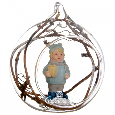 Стеклянный шар с композицией Ретро - Мальчик с Подарком 8 см, подвеска Kaemingk (Кейминг)