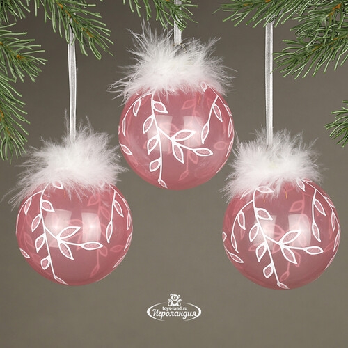 Набор стеклянных елочных шаров Снежная Ветвь 8 см розовый бутон, 3 шт Kaemingk