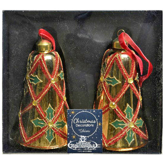 Стеклянная елочная игрушка Колокольчик Настроение Рождества 11 см золотой, 2 шт, подвеска Kaemingk